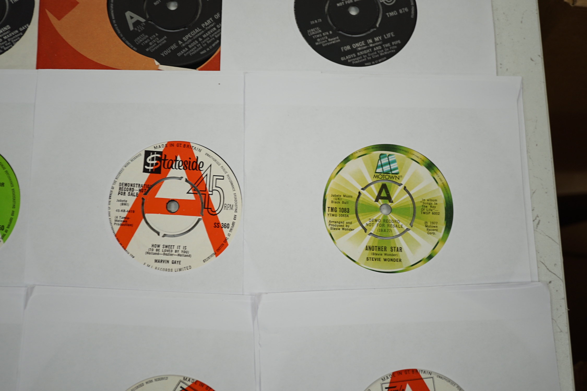 Twenty-two demo 7” singles, all Tamala Motown with printed demo labels by Stevie Wonder, Diana Ross, Gladys Knight, Marvin Gaye, the Supremes, Miracles, etc.